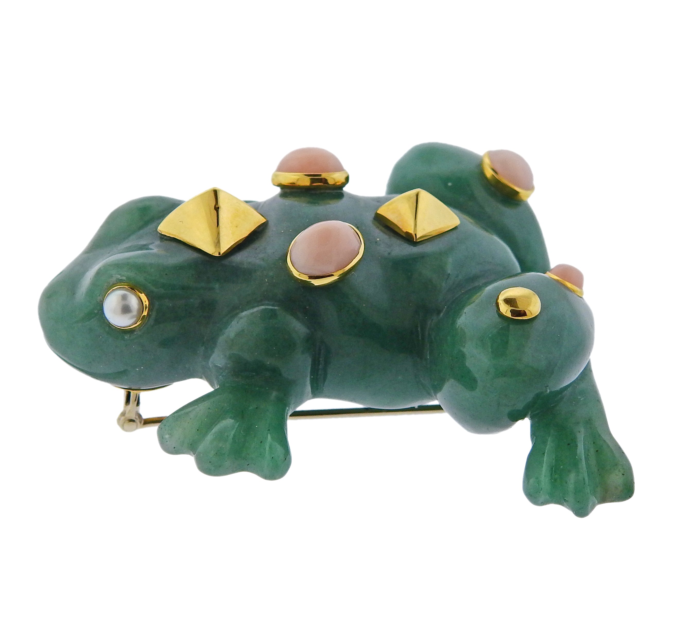 Seaman Schepps Aventurine Coral Pearl Gold Large Frog Brooch - Oak Gem