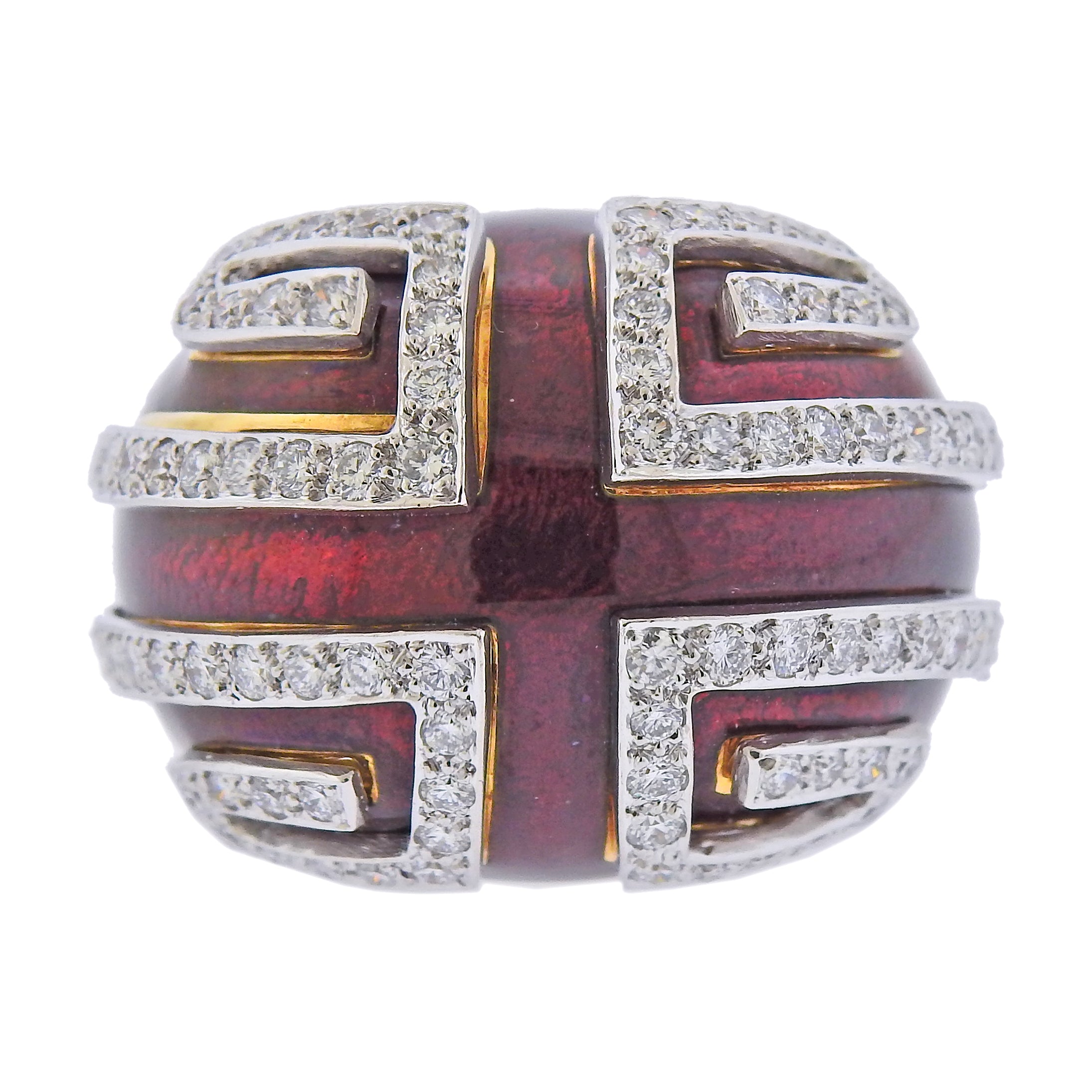 David Webb Red Enamel Diamond Gold Platinum Scroll Ring - Oak Gem