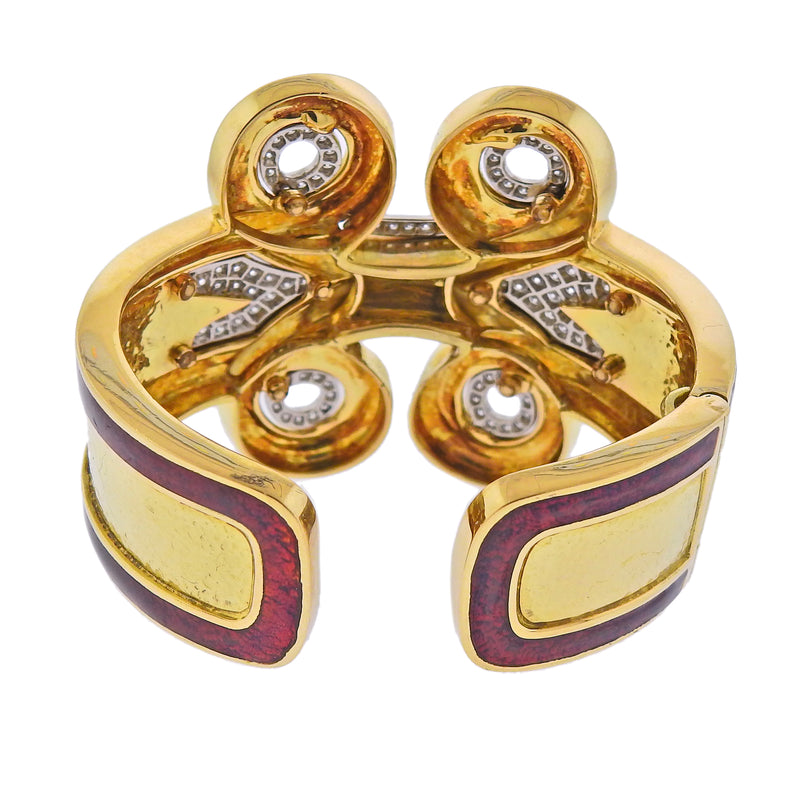 David Webb Diamond Gold Platinum Enamel Arabesque Cuff Bracelet - Oak Gem