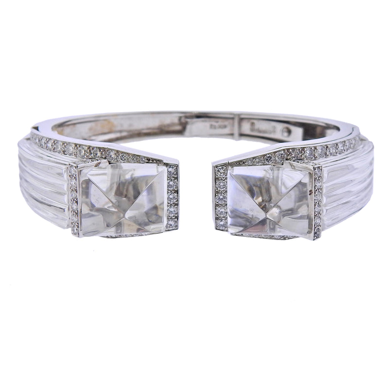 David Webb Diamond Gold Platinum Carved Crystal White Night Cuff Bracelet - Oak Gem