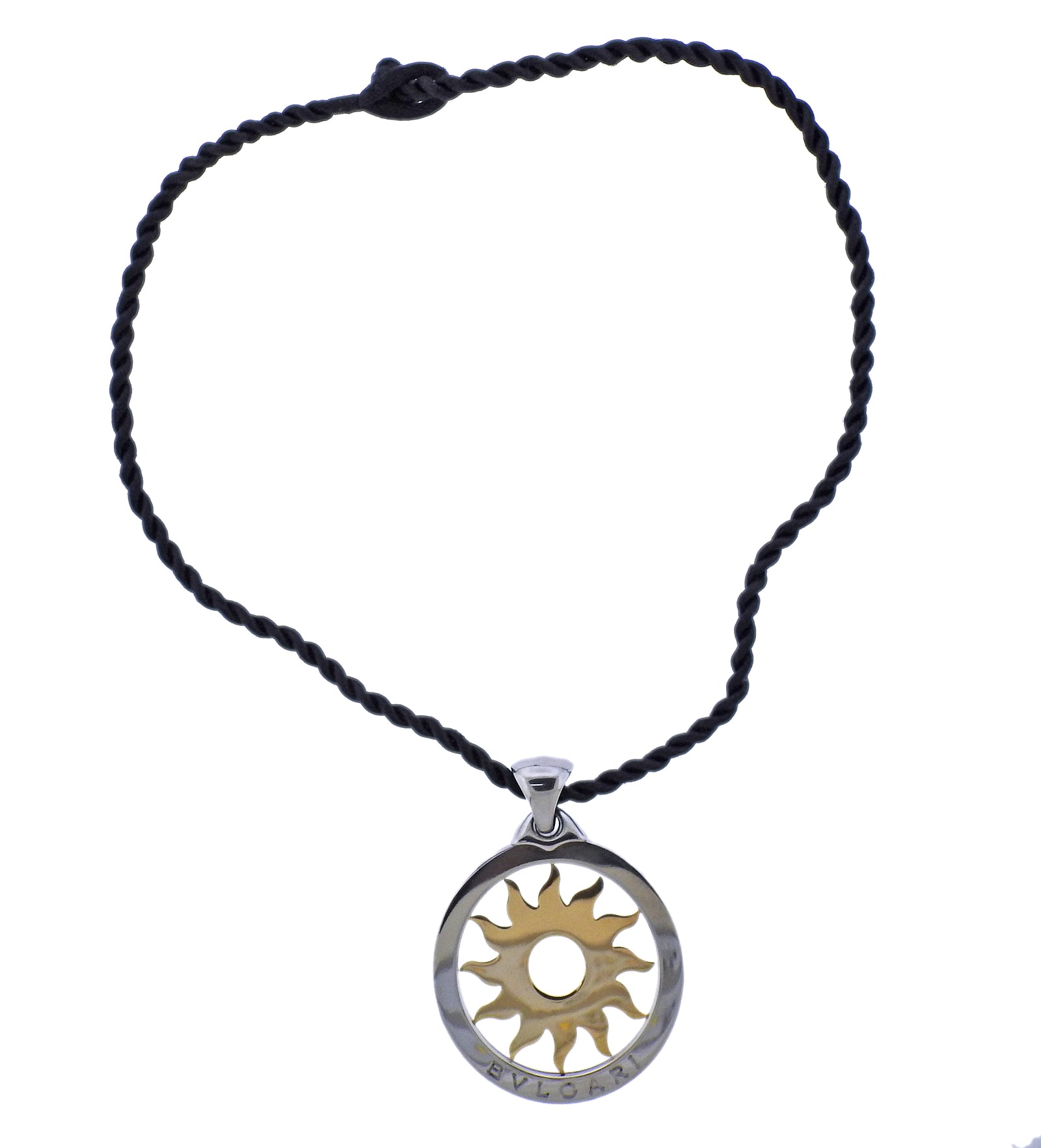 Bvlgari Bulgari Tondo Gold Steel Sun Large Pendant Cord Necklace Oak Gem