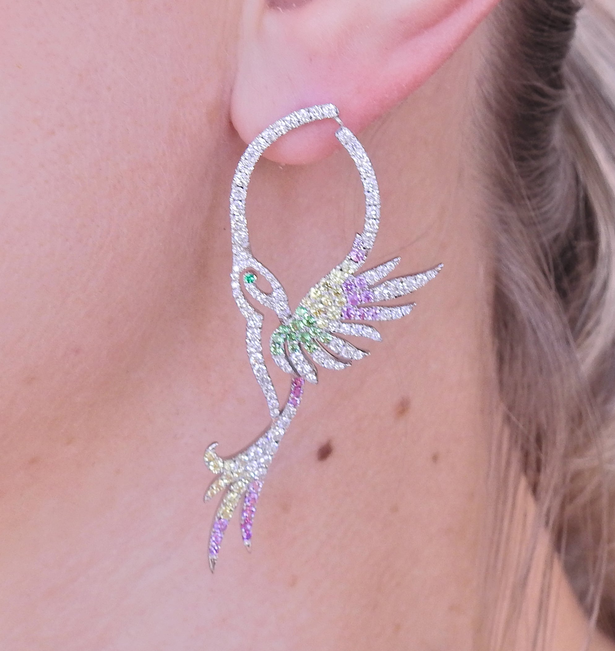 Bucherer Gold Diamond Tsavorite Emerald Sapphire Bird Earrings