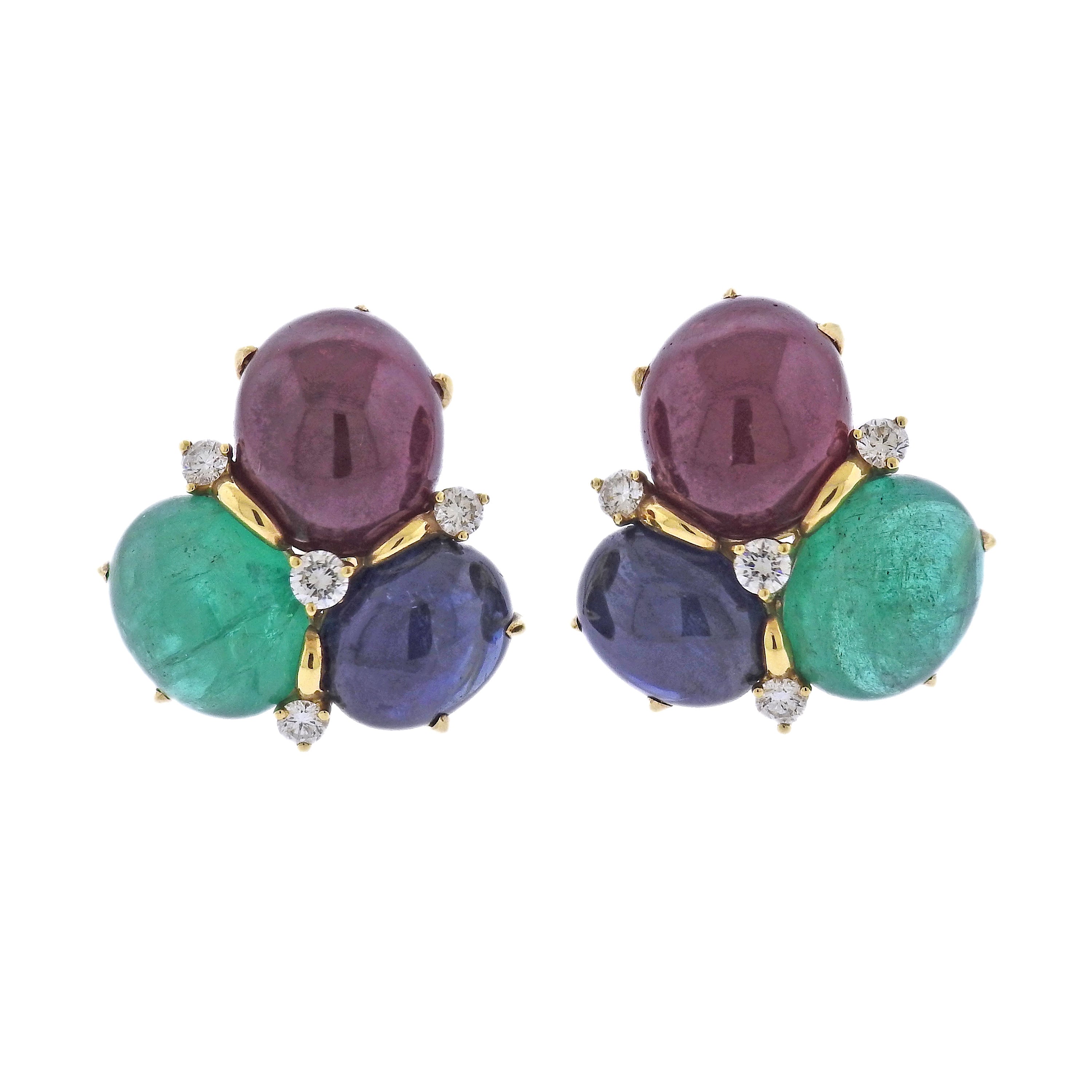 Seaman Schepps Bubble Ruby Sapphire Emerald Diamond Gold Earrings