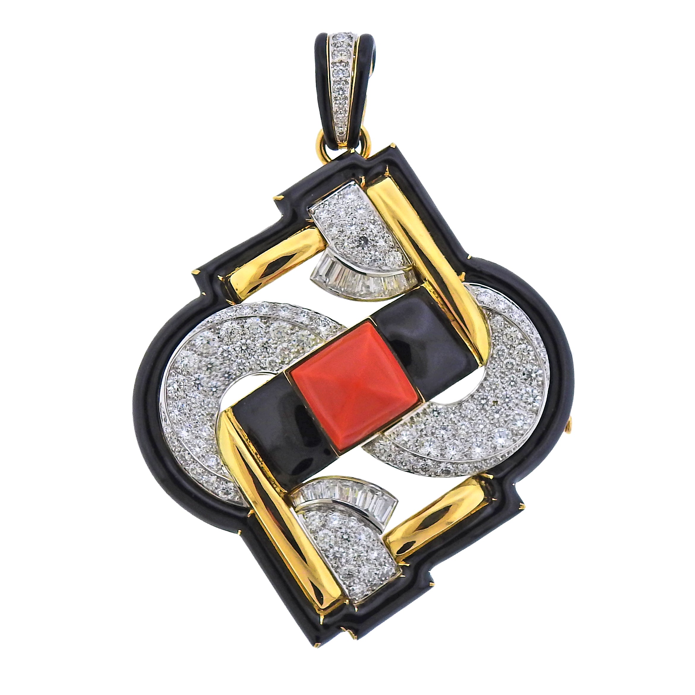 David Webb One of a Kind Platinum Gold Coral Diamond Enamel Pendant Brooch - Oak Gem