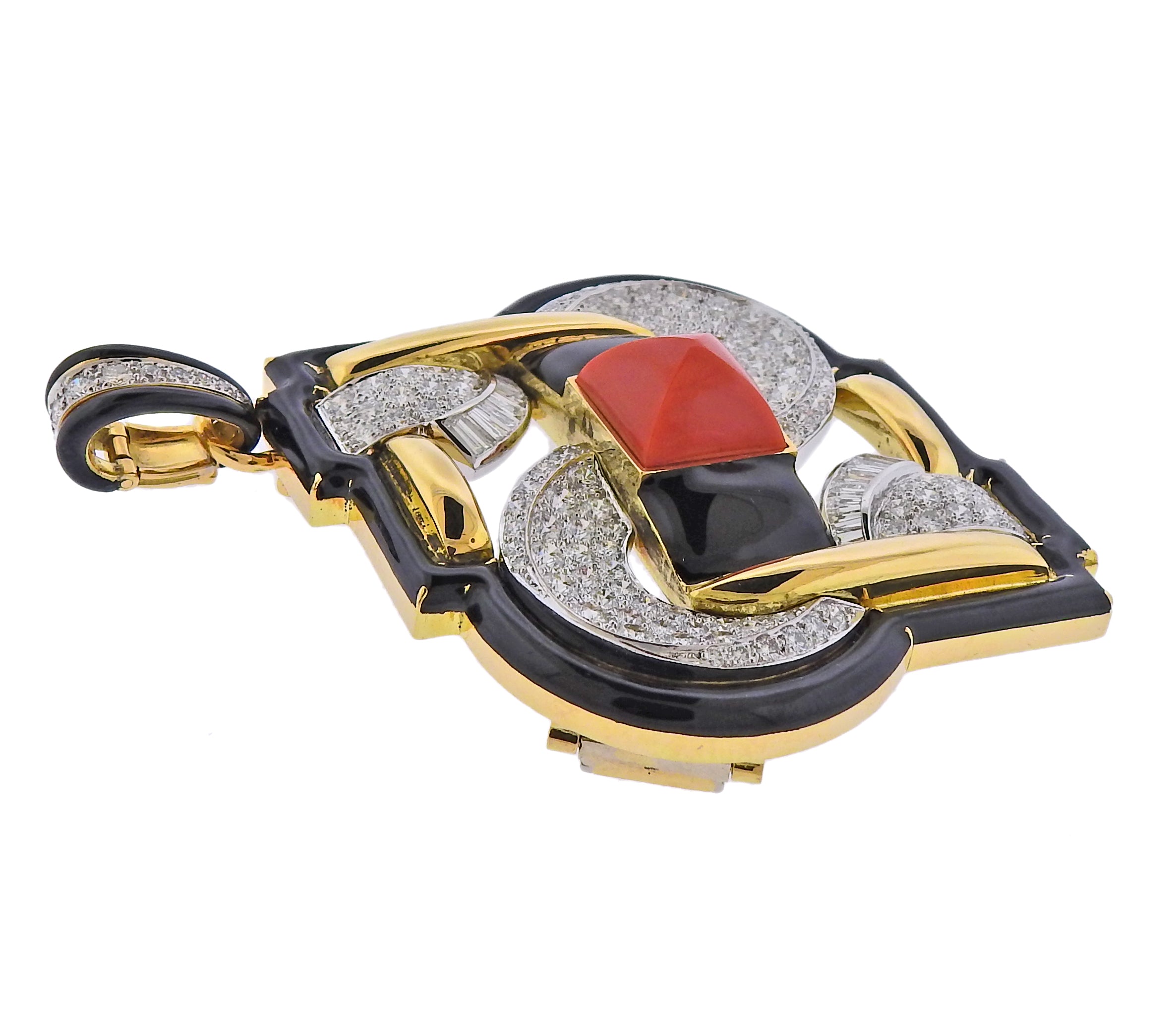 David Webb One of a Kind Platinum Gold Coral Diamond Enamel Pendant Brooch - Oak Gem