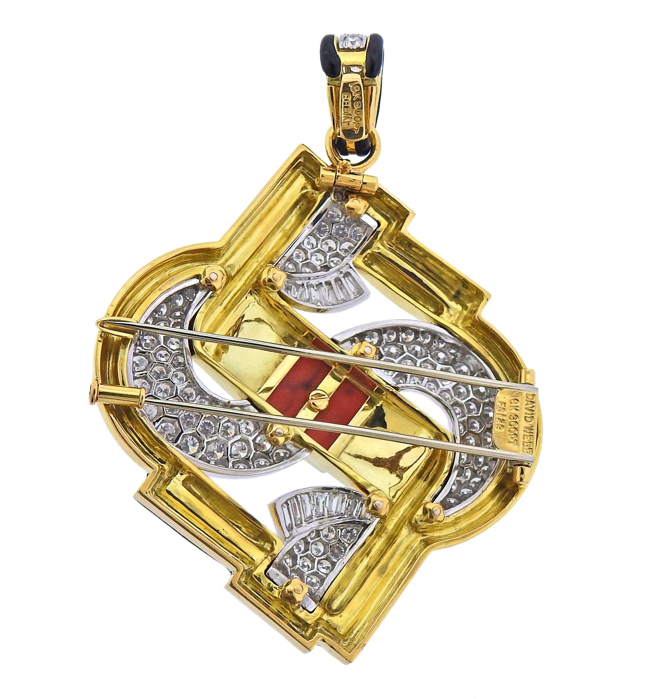 David Webb One of a Kind Platinum Gold Coral Diamond Enamel Pendant Brooch - Oak Gem