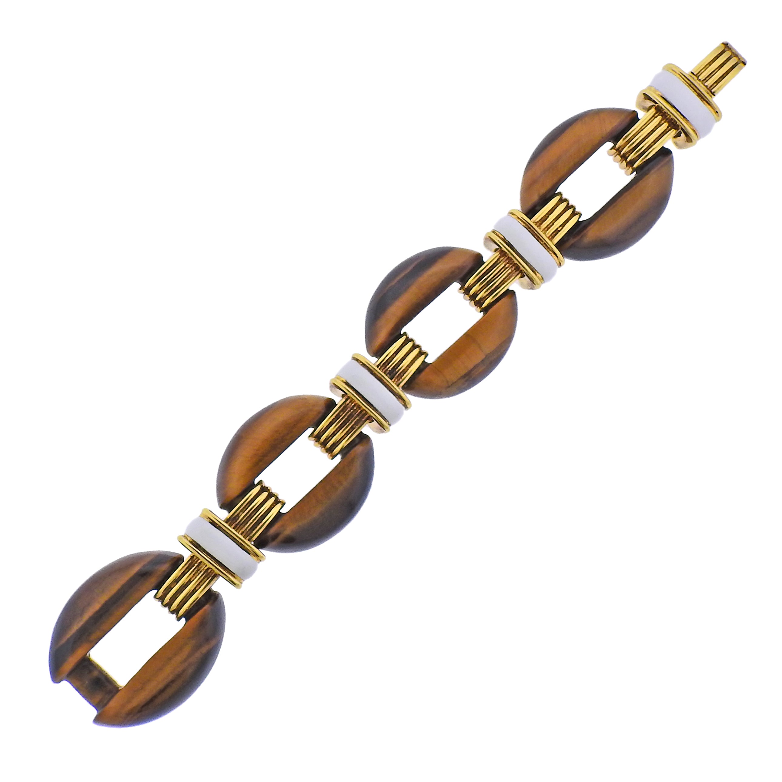 David Webb Tiger's Eye Enamel Gold Nautical Link Bracelet - Oak Gem
