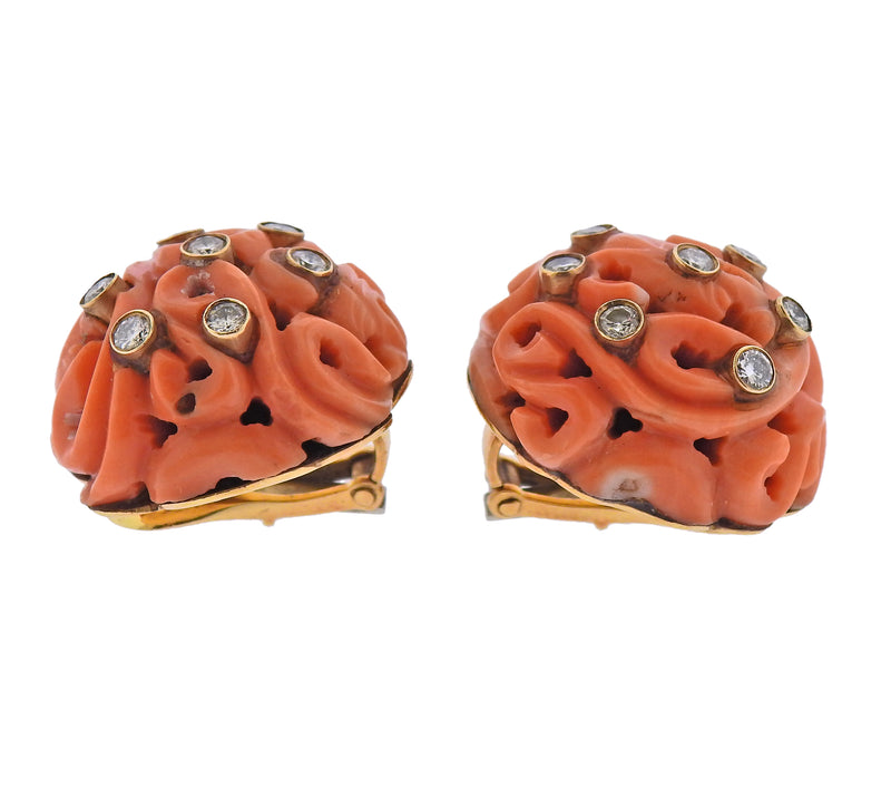 David Webb 1960s Diamond Carved Coral Gold Earrings Necklace Set - Oak Gem