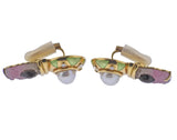 Elizabeth Gage Carved Tourmaline Diamond Pearl Enamel Gold Parrot Earrings