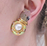 Elizabeth Gage Carved Tourmaline Diamond Pearl Enamel Gold Parrot Earrings