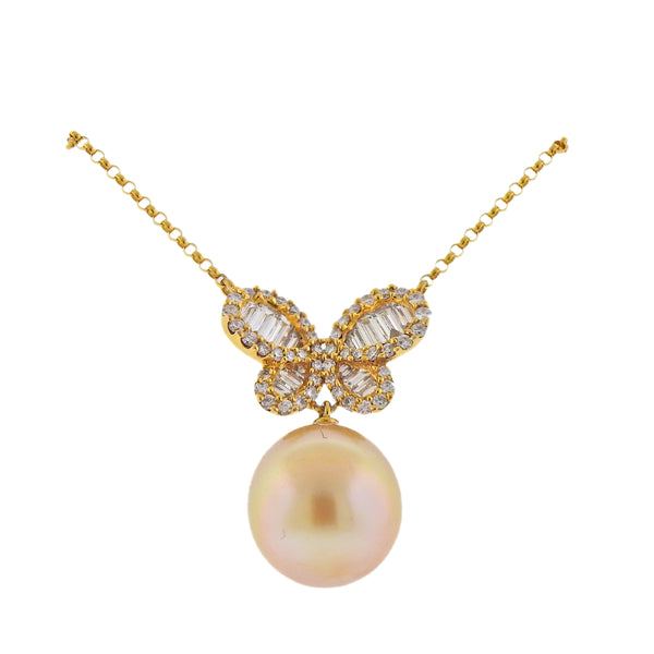 Assael South Sea Pearl Diamond Gold Butterfly Pendant Necklace - Oak Gem