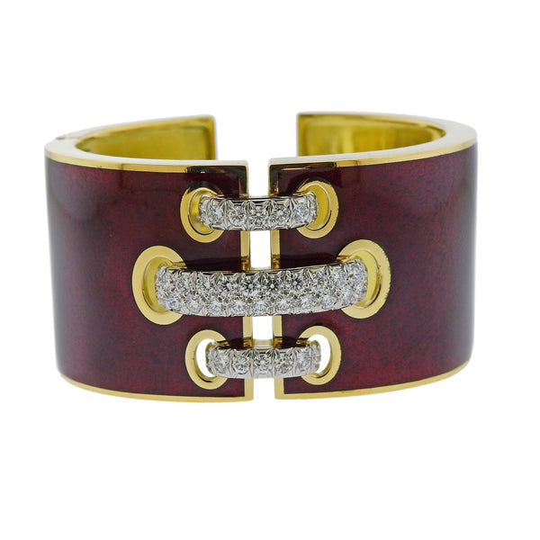 David Webb Red Enamel Diamond Gold Platinum Shoelace Cuff Bracelet - Oak Gem