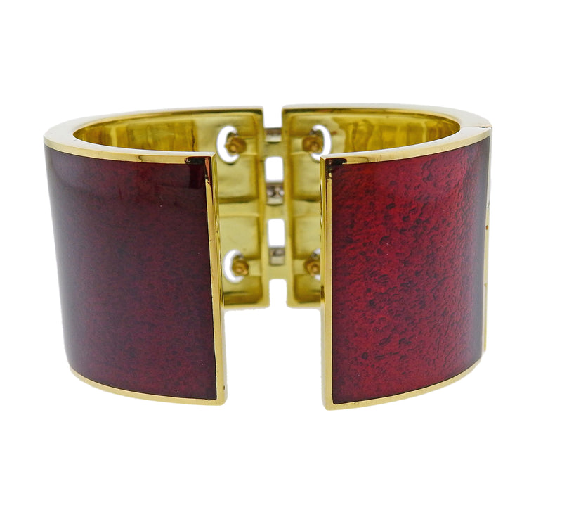 David Webb Red Enamel Diamond Gold Platinum Shoelace Cuff Bracelet - Oak Gem