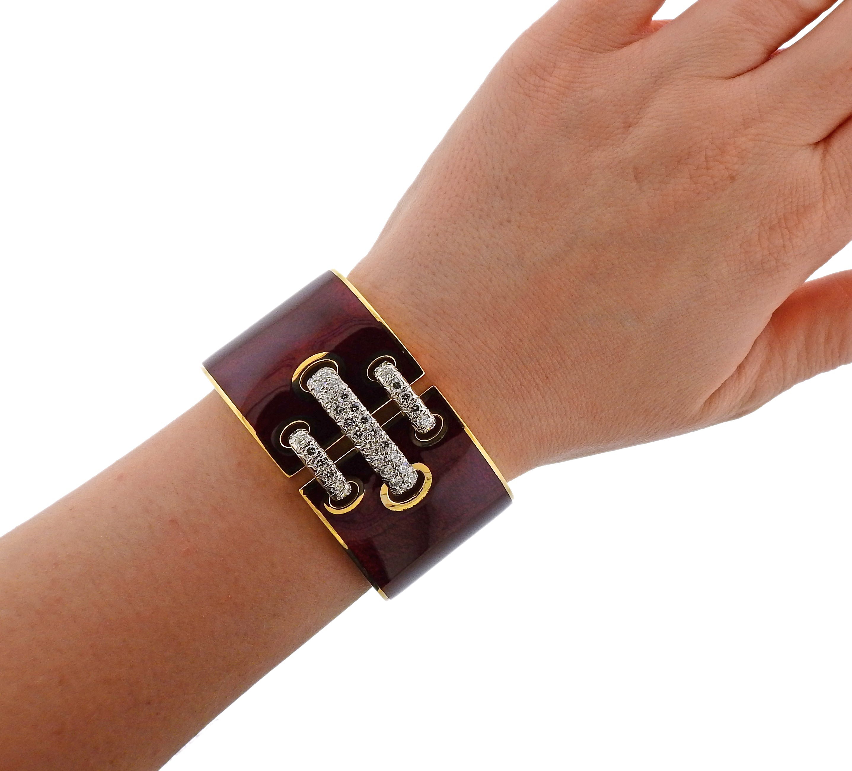 David b Red Enamel Diamond Gold Platinum Shoelace Cuff Bracelet