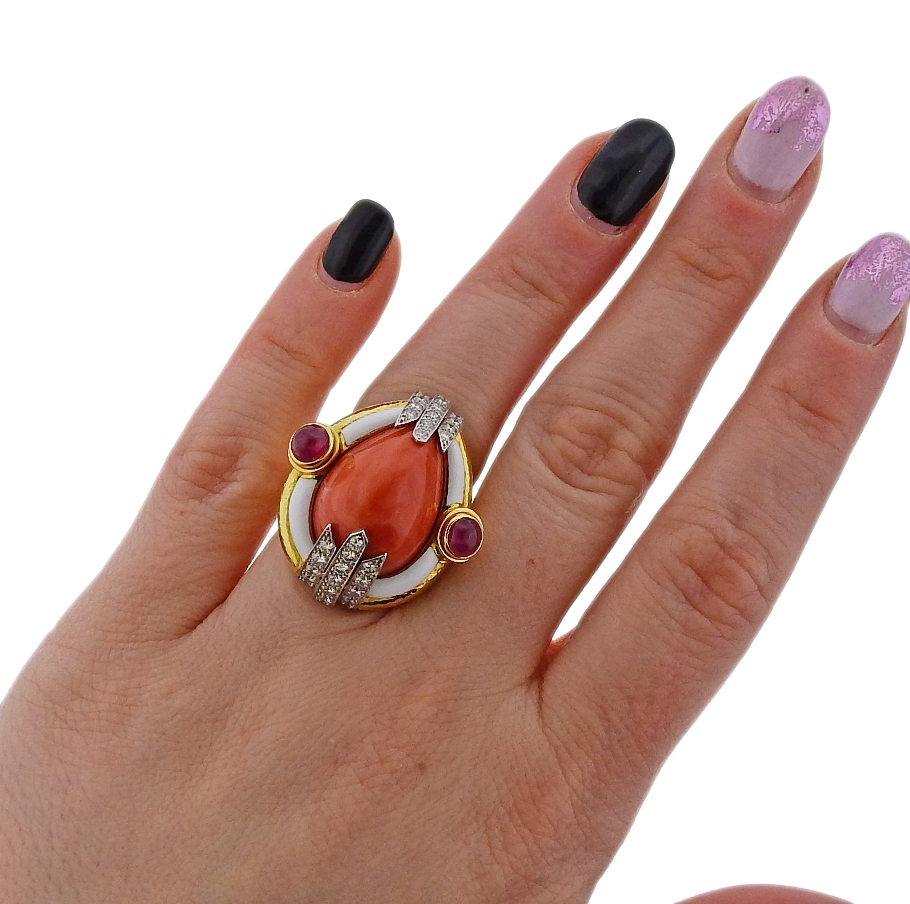 David Webb Coral Ruby Diamond Enamel Gold Platinum Ring - Oak Gem