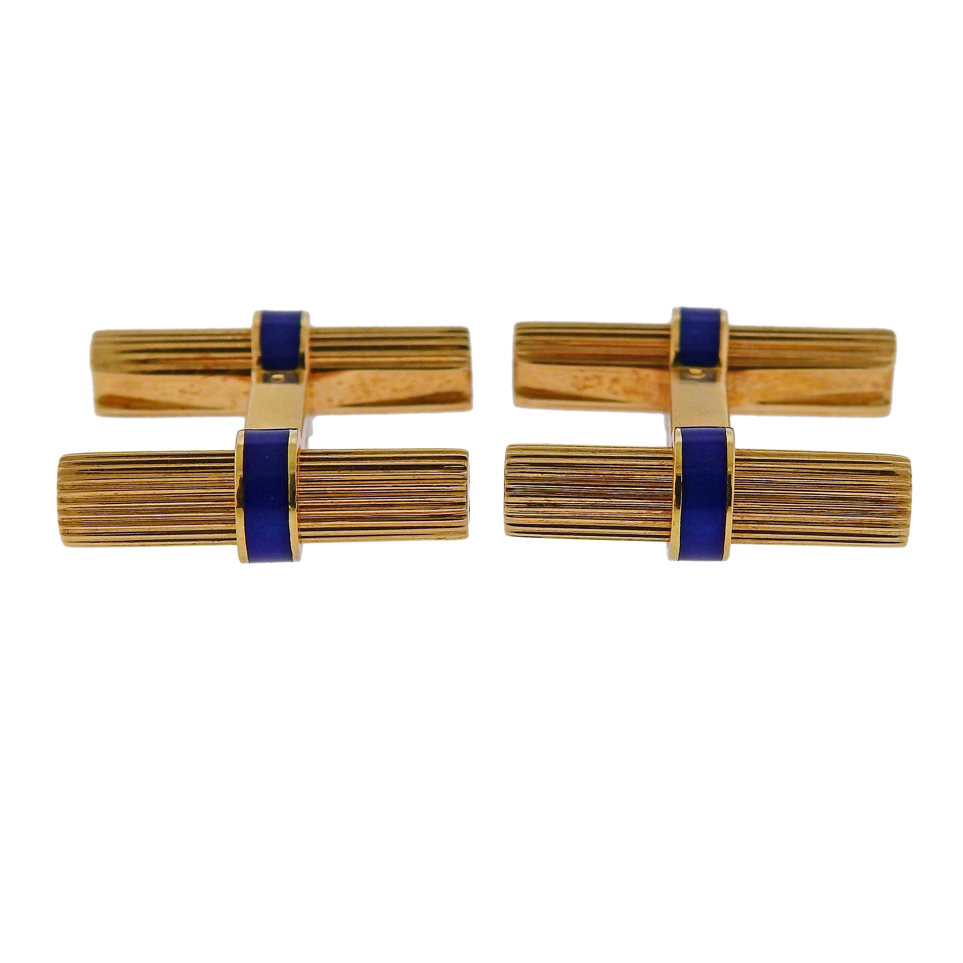 Cartier Mid Century Blue Enamel Gold Bar Cufflinks - Oak Gem