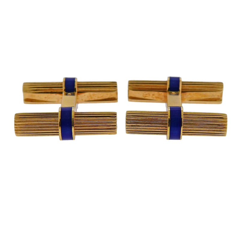Cartier Mid Century Blue Enamel Gold Bar Cufflinks - Oak Gem