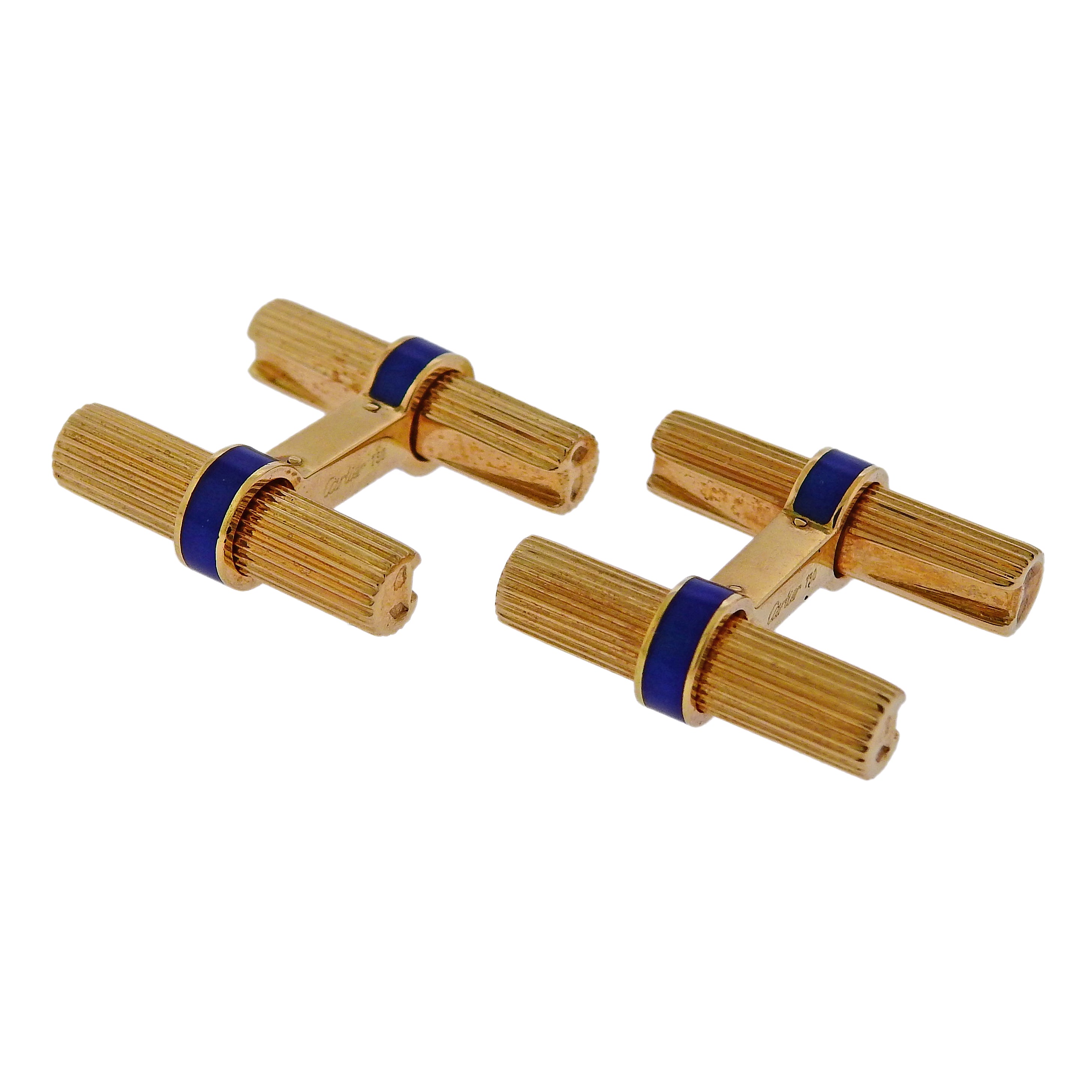 Cartier Mid Century Blue Enamel Gold Bar Cufflinks - Oak Gem