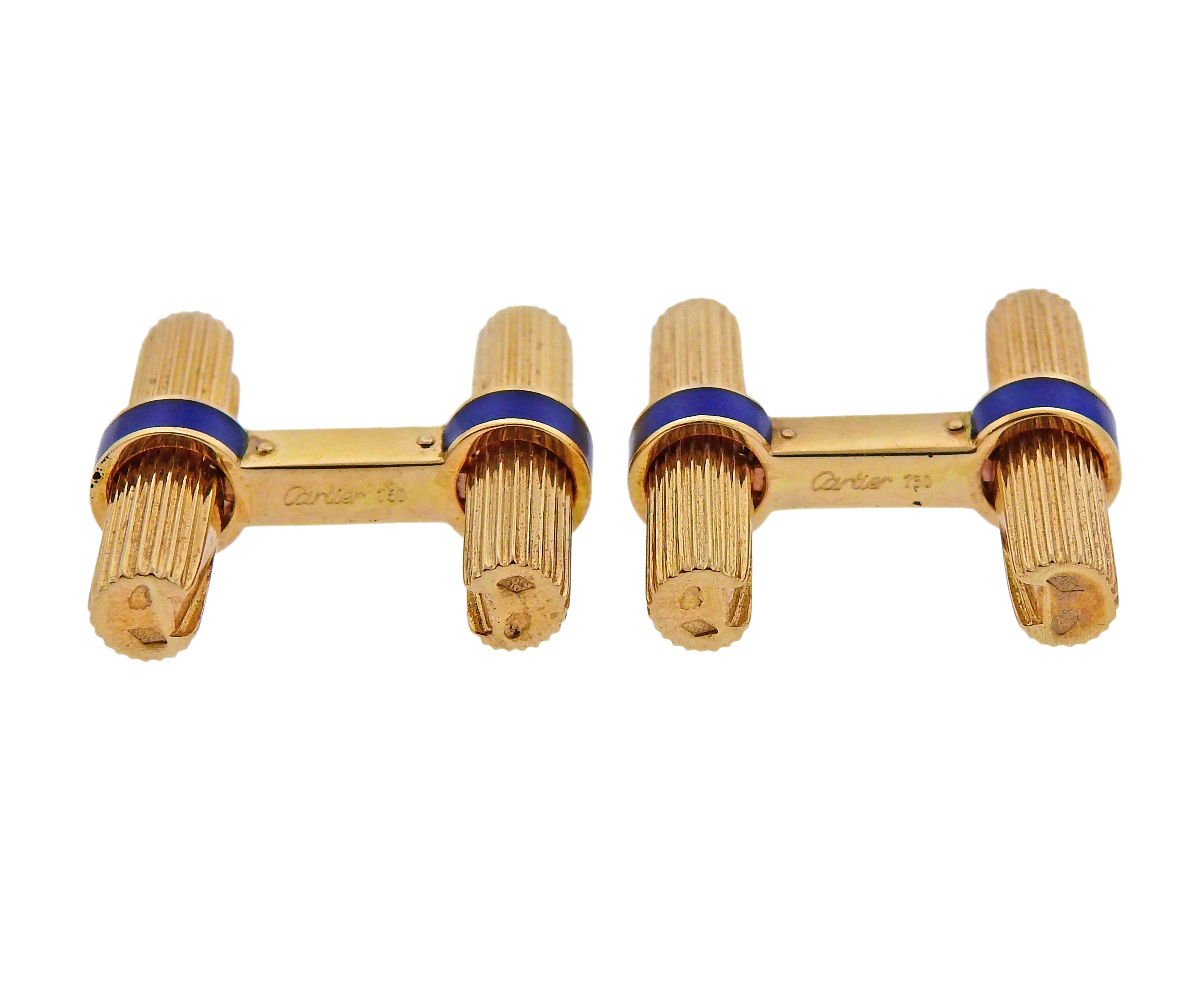 Cartier Mid Century Blue Enamel Gold Bar Cufflinks - Oak Gem
