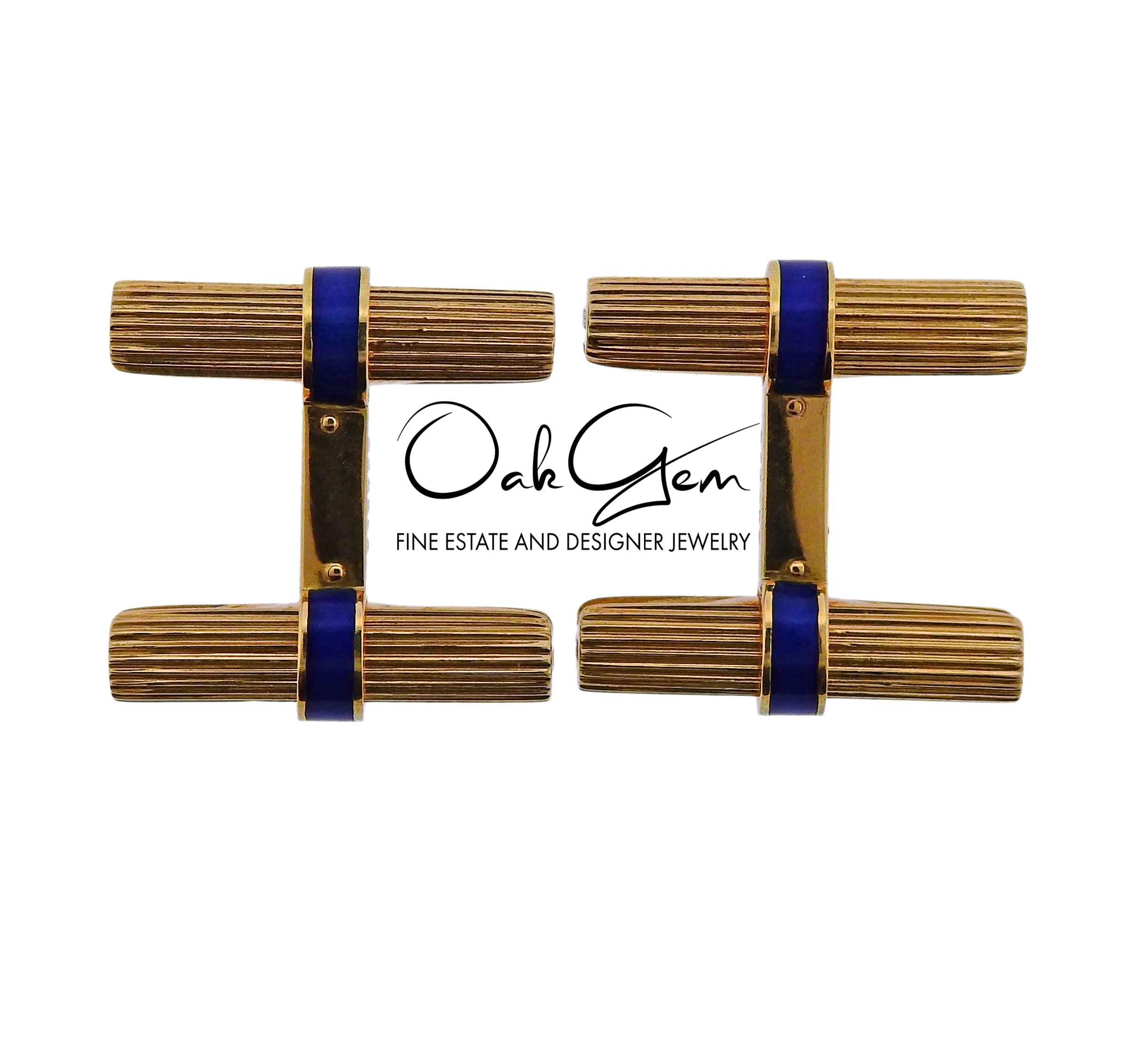 Cartier Mid Century Blue Enamel Gold Bar Cufflinks - Oak Gem