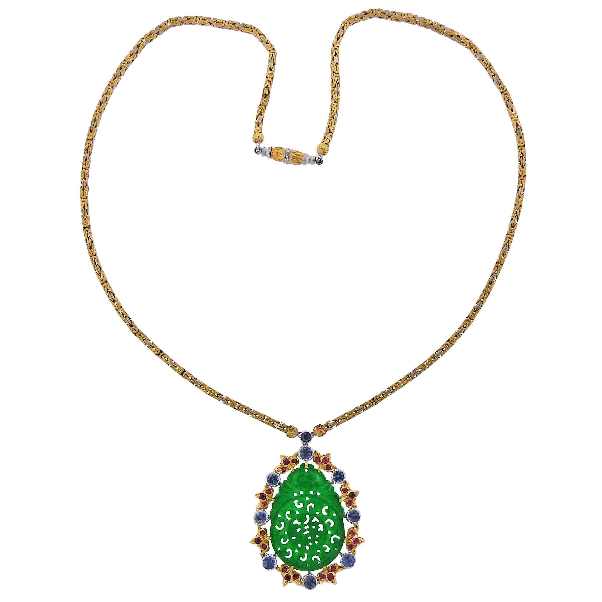 Buccellati Carved Jade Sapphire Ruby Gold Pendant Necklace - Oak Gem