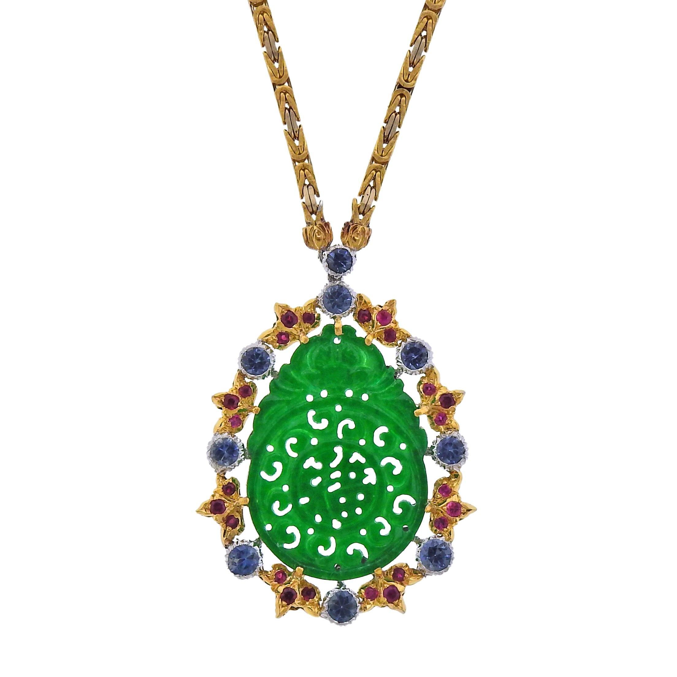 Buccellati Carved Jade Sapphire Ruby Gold Pendant Necklace - Oak Gem