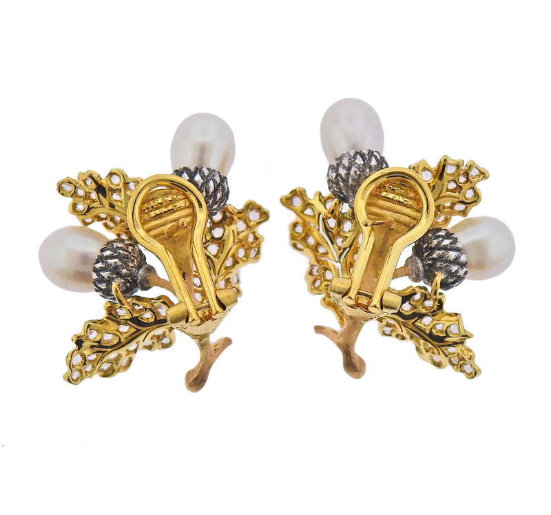 Buccellati Pearl Rose Cut Diamond Gold Leaf Motif Earrings - Oak Gem