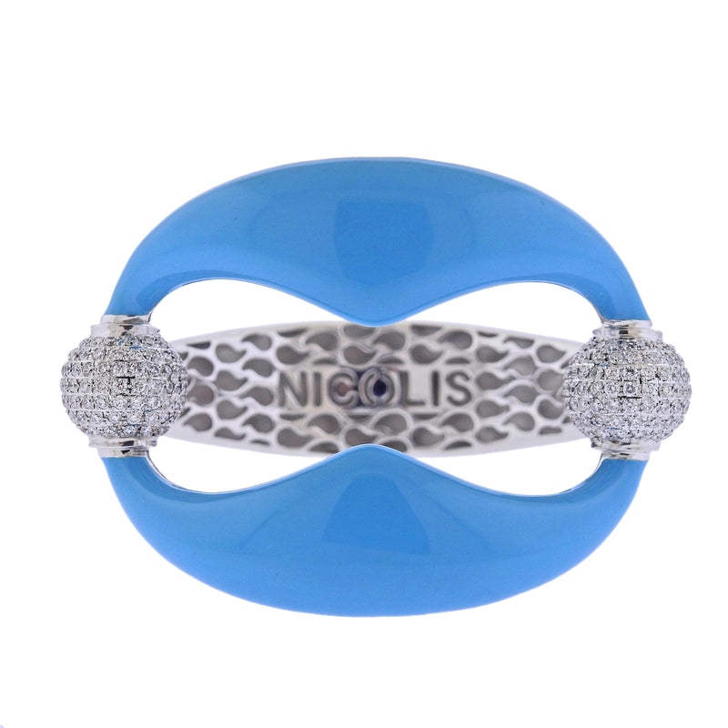 Nicolis Cola Blue Enamel Diamond Gold Bangle Bracelet