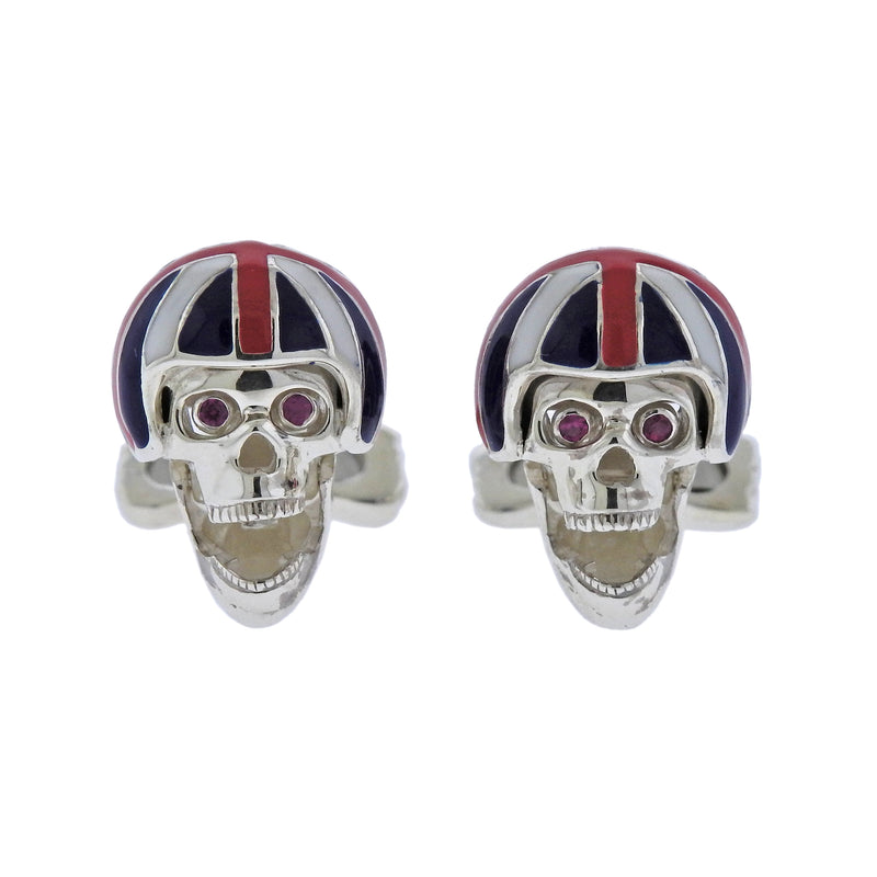 Deakin & Francis Silver Pink Spinel Skull Union Jack Helmet Cufflinks - Oak Gem