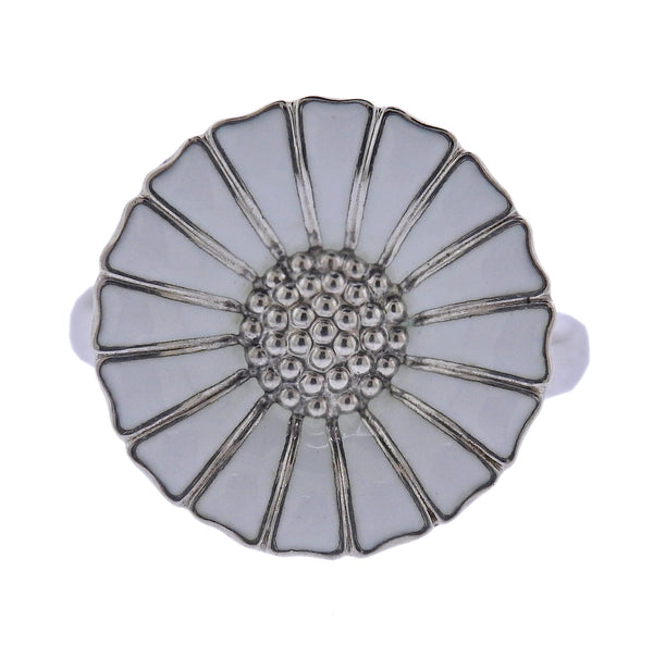 Georg Jensen Daisy Flower Silver White Enamel Ring 18mm