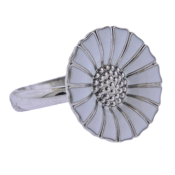 Georg Jensen Daisy Flower Silver White Enamel Ring 18mm