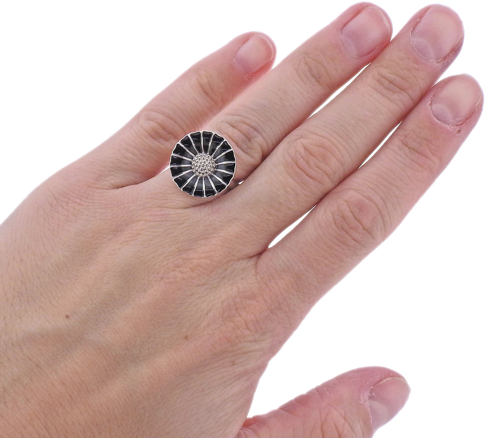 Georg Jensen Daisy Flower Silver Black Enamel Ring 18mm – Oak Gem