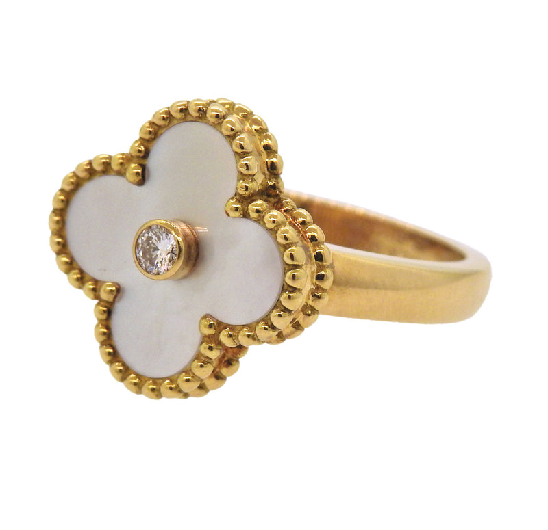 Van Cleef & Arpels Vintage Alhambra Mother of Pearl Diamond Gold Ring - Oak Gem