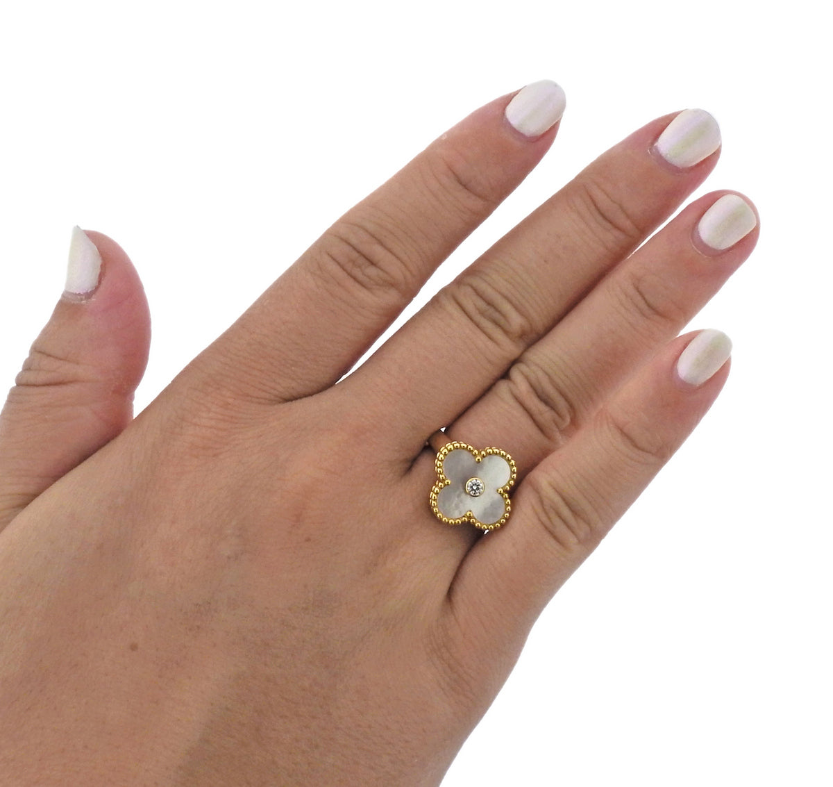 Van Cleef & Arpels Vintage Alhambra Mother of Pearl Diamond Gold Ring - Oak Gem