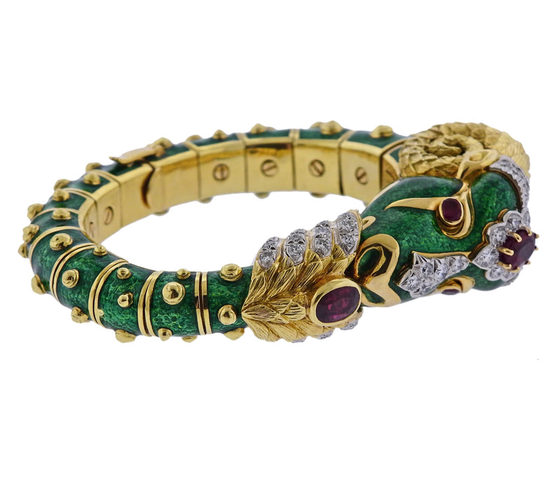 David Webb Gold Diamond Green Enamel Ram's Head Bracelet – Oak Gem