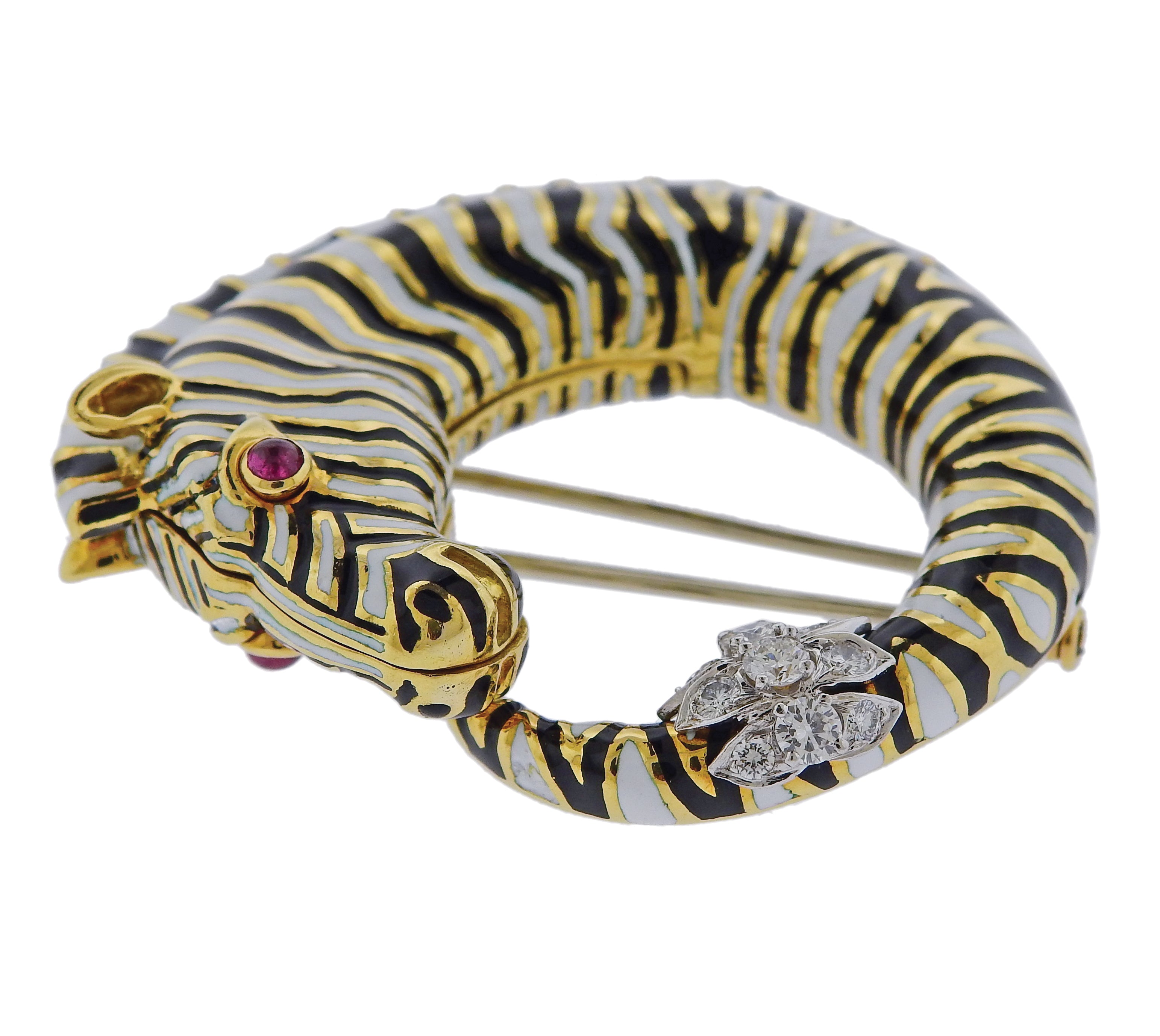 David Webb Diamond Ruby Enamel Gold Platinum Zebra Brooch Pin - Oak Gem
