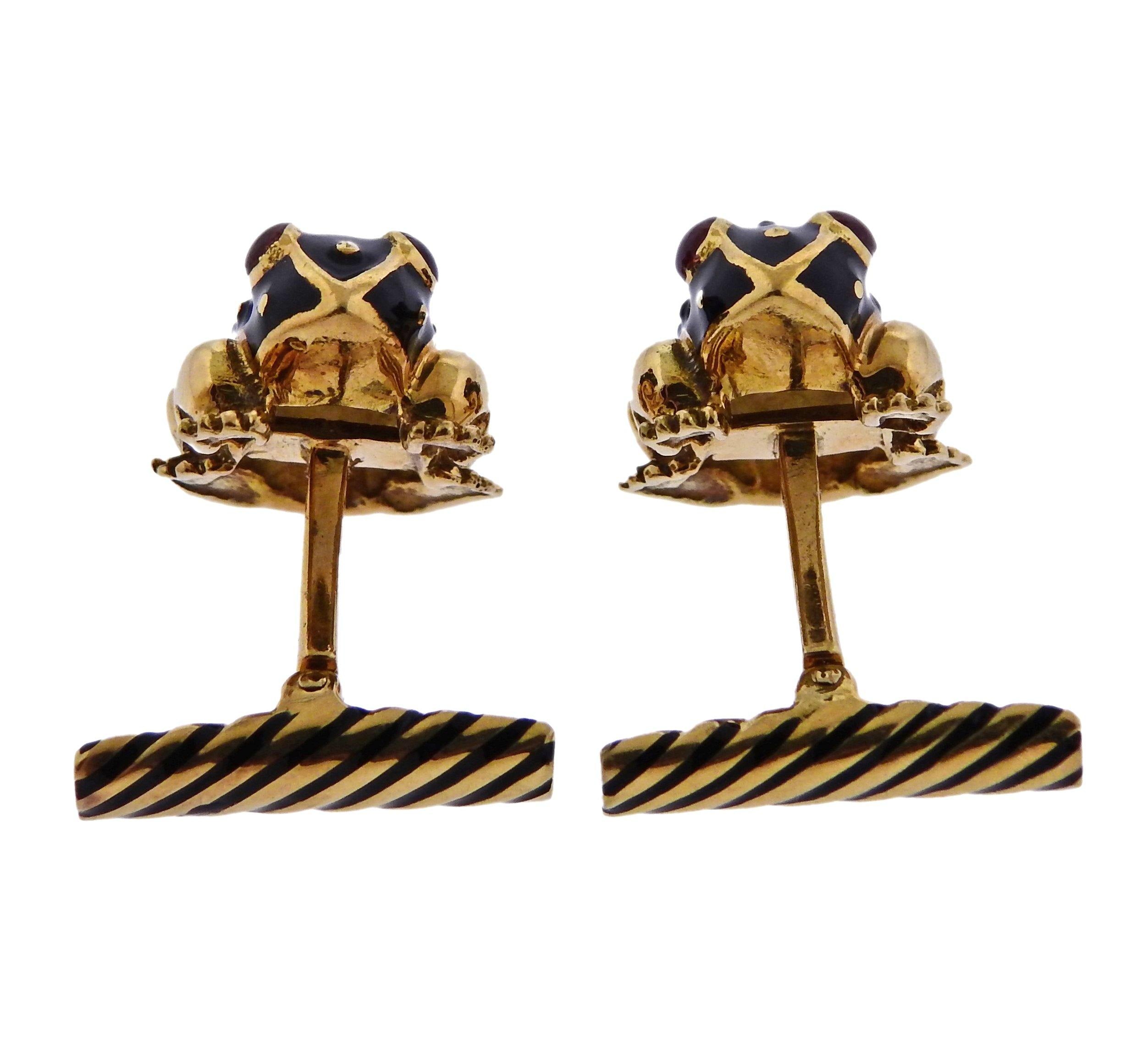 David Webb Enamel Frog Cufflinks Studs Set - Oak Gem