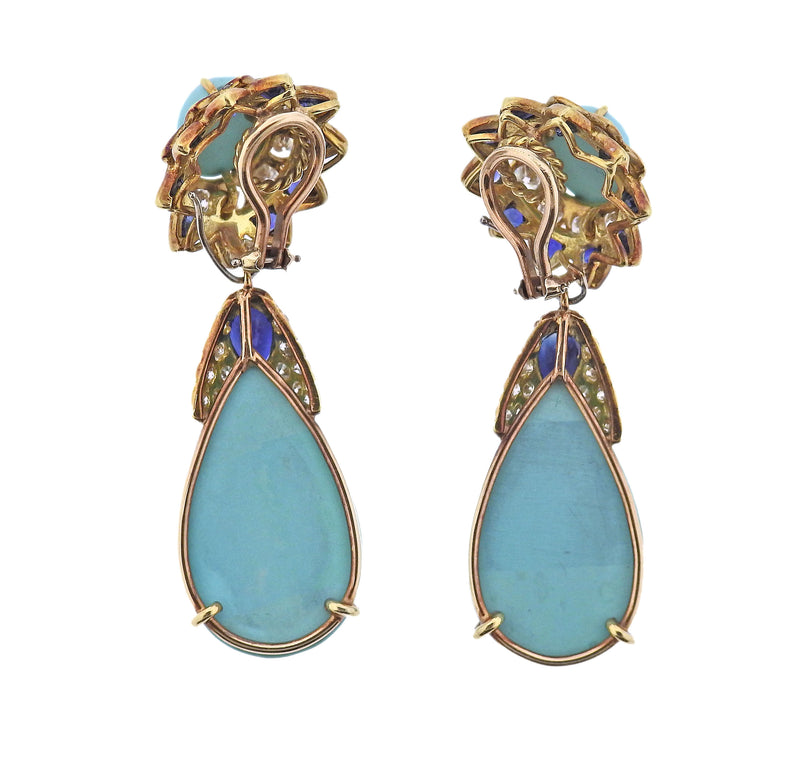 1960s Turquoise Sapphire Diamond Gold Day & Night Earrings