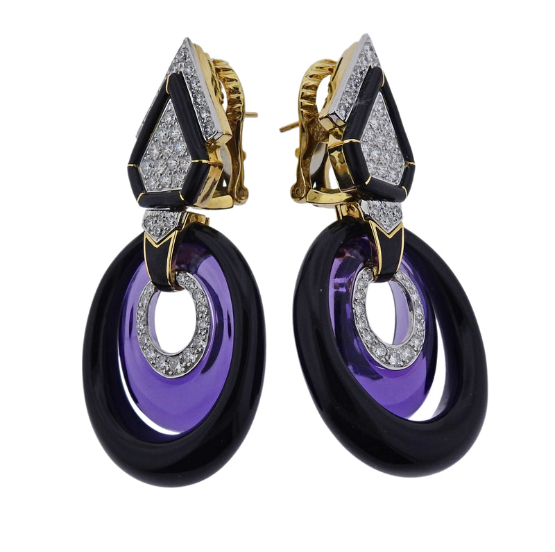 David Webb Amethyst Onyx Diamond Gold Earrings - Oak Gem