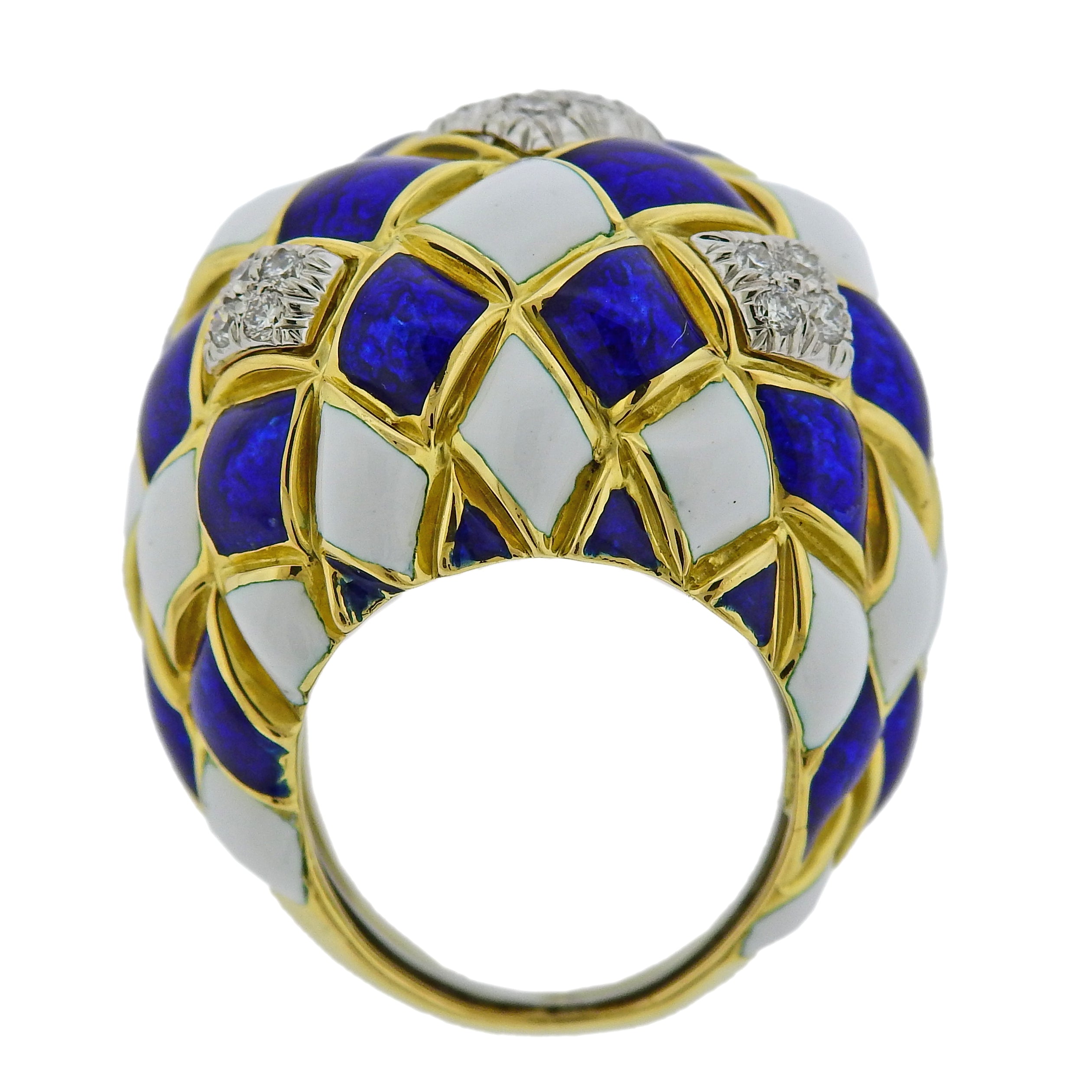 David Webb Diamond Enamel Harlequin Gold Platinum Dome Ring - Oak Gem