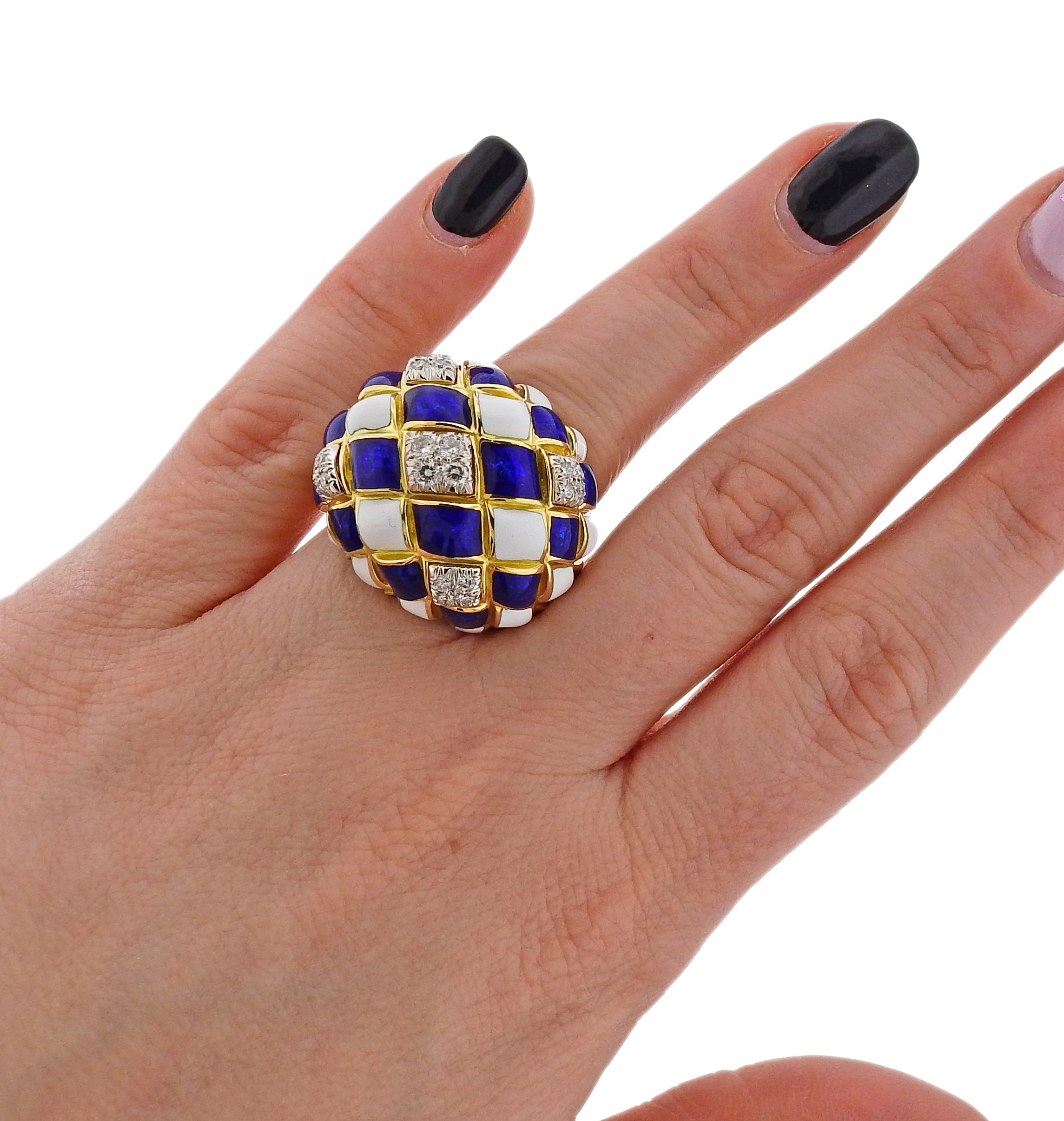 David Webb Diamond Enamel Harlequin Gold Platinum Dome Ring - Oak Gem