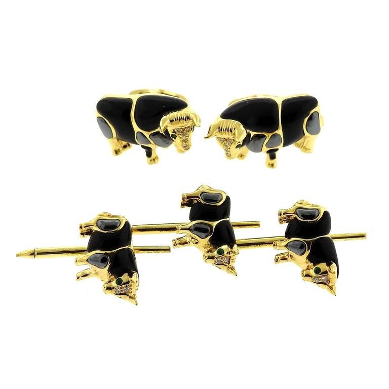 Asch Grossbardt Gold Gemstone Diamond Bull Cufflinks Stud Set - Oakgem.com