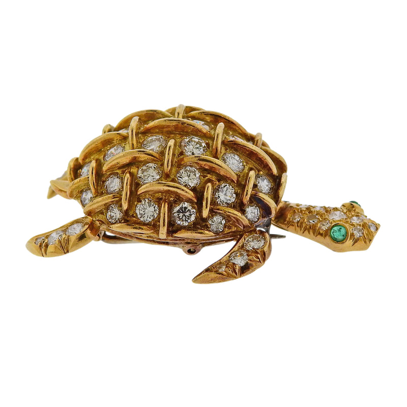 Tiffany & Co France Diamond Emerald Gold Turtle Brooch Pin - Oak Gem