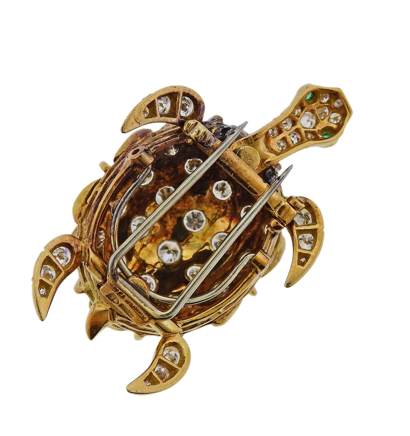 Tiffany & Co France Diamond Emerald Gold Turtle Brooch Pin - Oak Gem