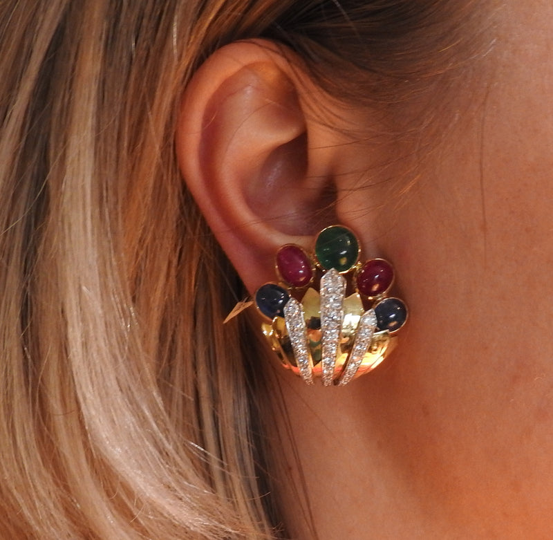 David Webb Diamond Ruby Emerald Sapphire 18k Gold Platinum Earrings - Oak Gem