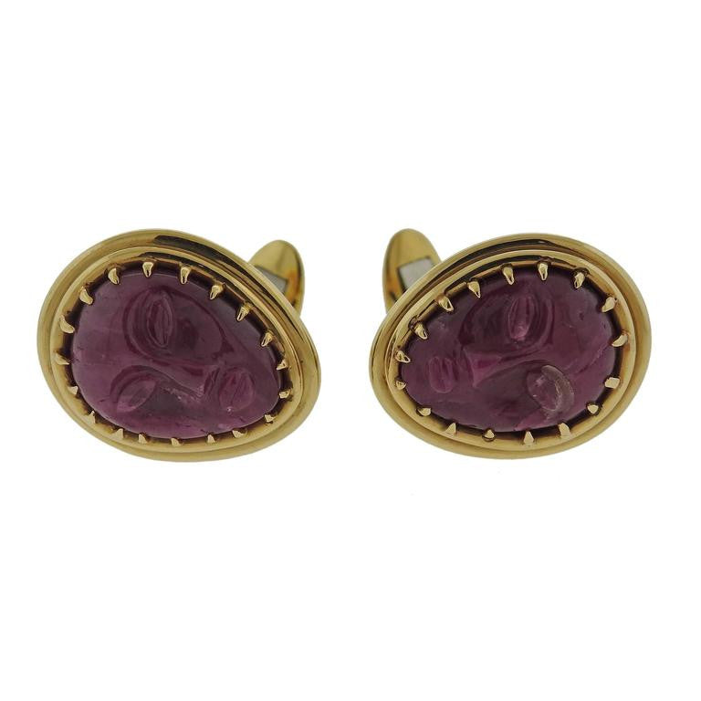 One of a Kind Carved Ruby Gold Faces Cufflinks - Oak Gem