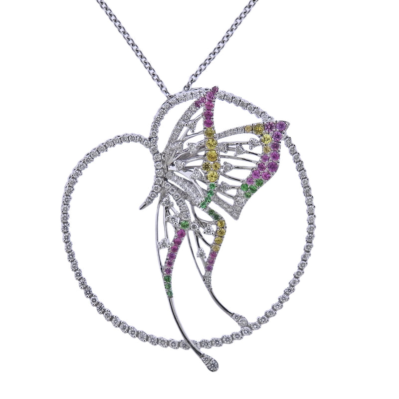 Bucherer Gold Diamond Sapphire Tsavorite Butterfly Pendant Necklace