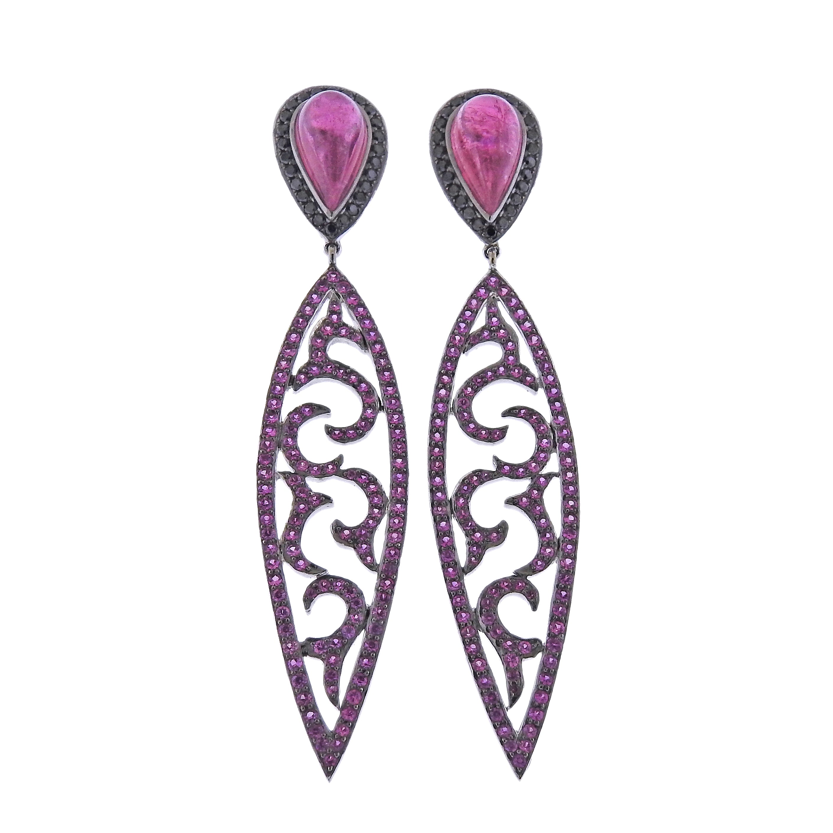 Bucherer Gold Diamond Pink Sapphire Tourmaline Drop Earrings
