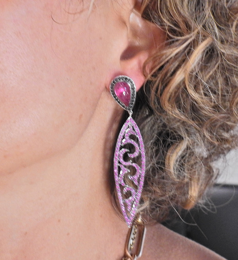 Bucherer Gold Diamond Pink Sapphire Tourmaline Drop Earrings