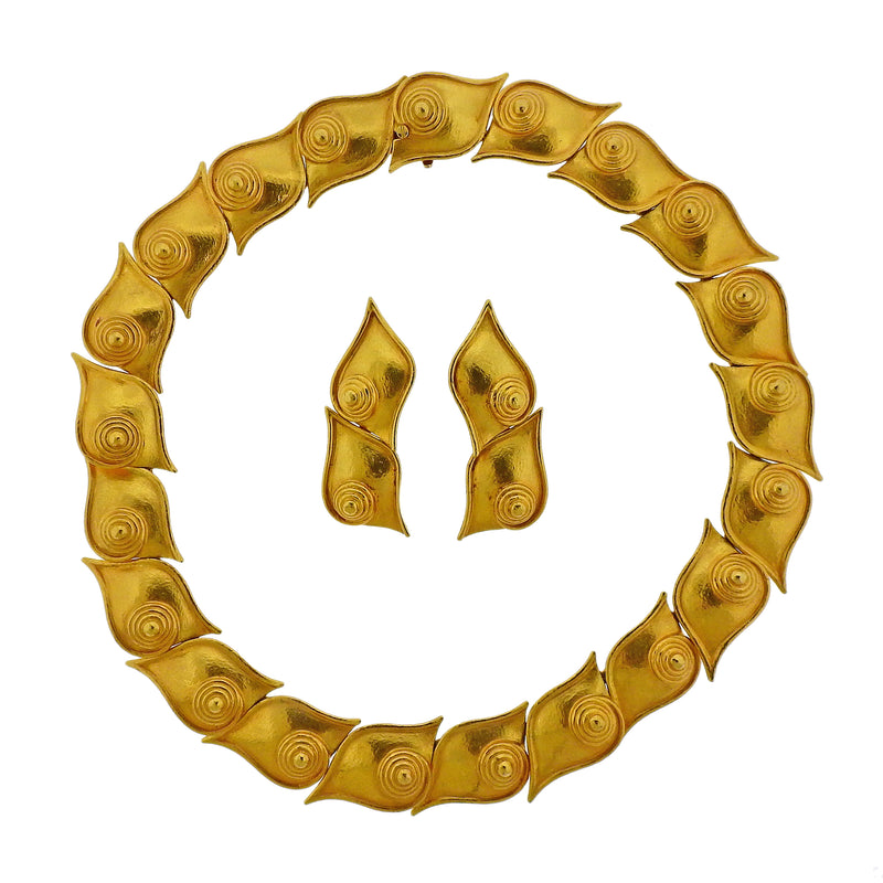 Zolotas Greece Gold Swirl Motif Necklace Earrings Set - Oak Gem